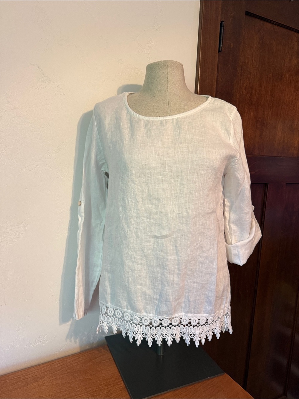 White Linen Crochet-Hem Blouse with Roll-Tab Sleeves